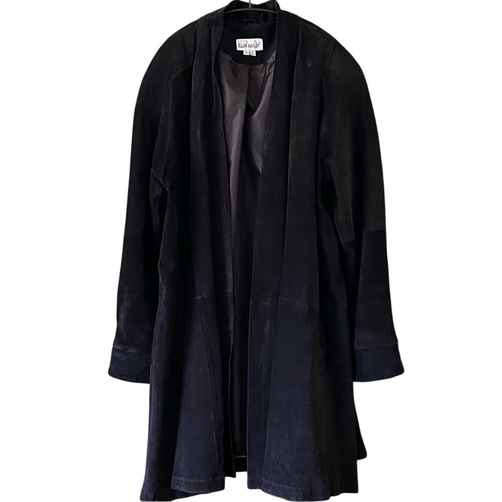 Ellen Ashley Black Vintage Suede Open Front Relaxed Fit Swing Coat Womens Size S